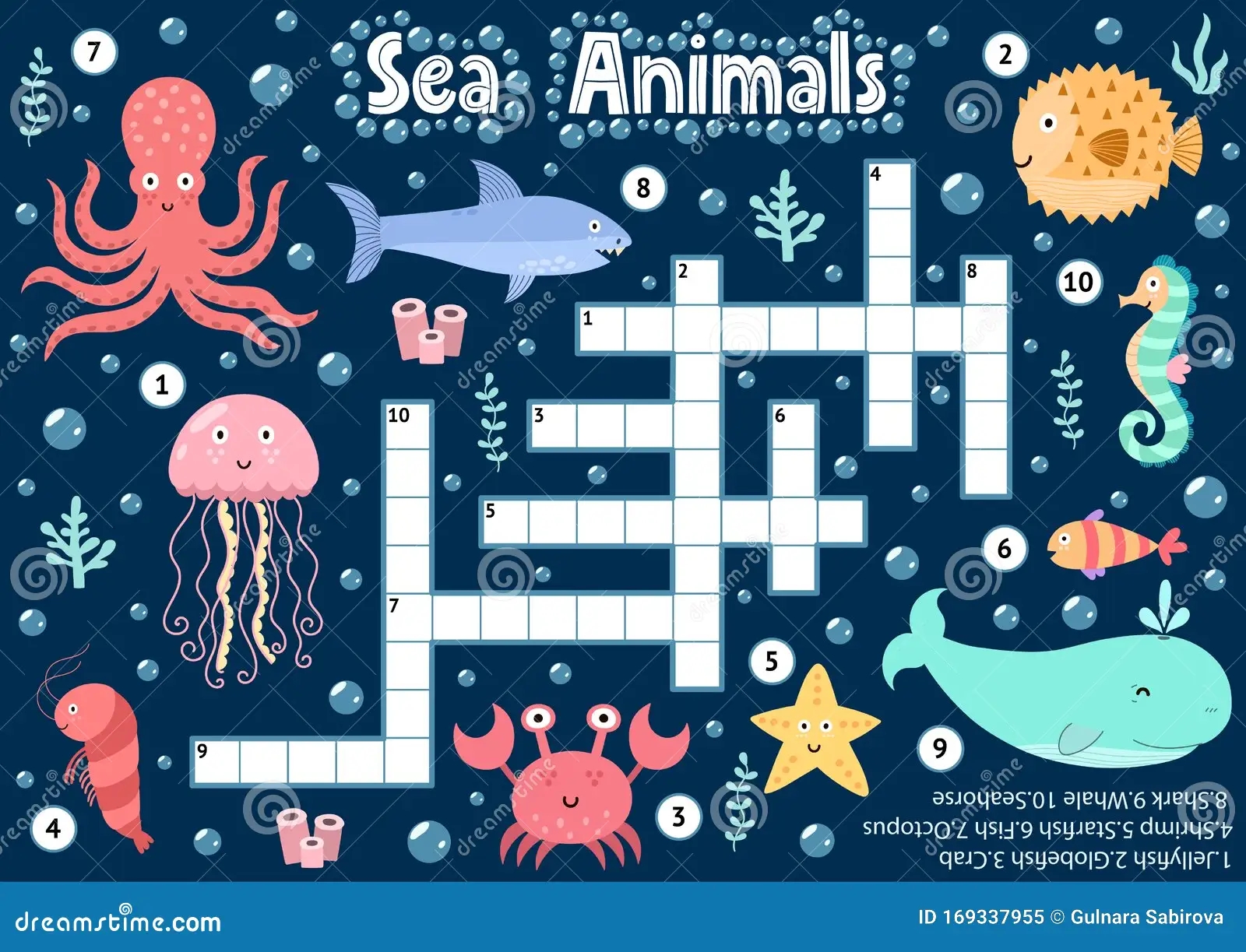 Crossword Puzzle Game Of Sea Animals For Kids Underwater Logical Activity Sheet Stock Vector Illustration Of Crosword Life 169337955