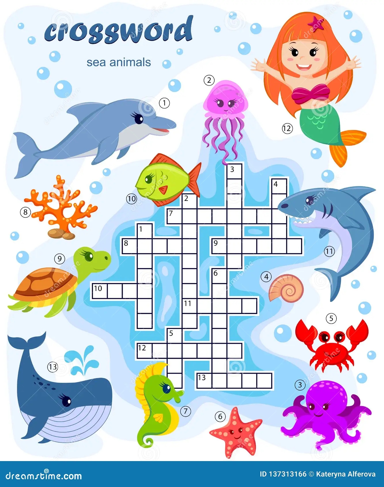 Crossword Puzzle Game Of Sea Animals Stock Vector Illustration Of Childish Activity 137313166