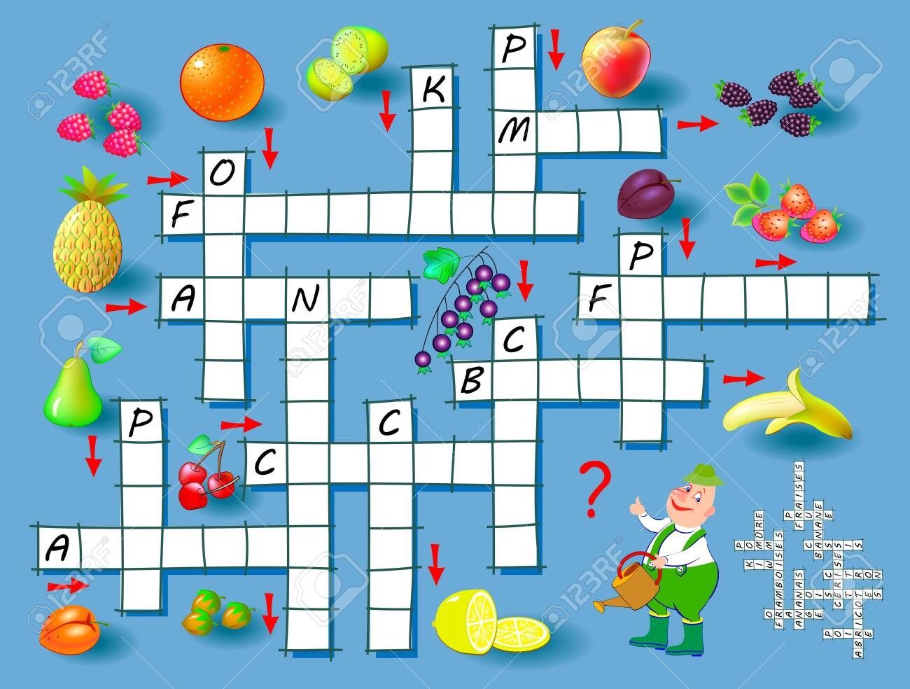 Crossword Puzzle Game With Fruits Educational Page For Children For Study French Language And Words Printable Worksheet For Kids Textbook Back To School Vector Cartoon Image Royalty Free SVG Cliparts Vectors And