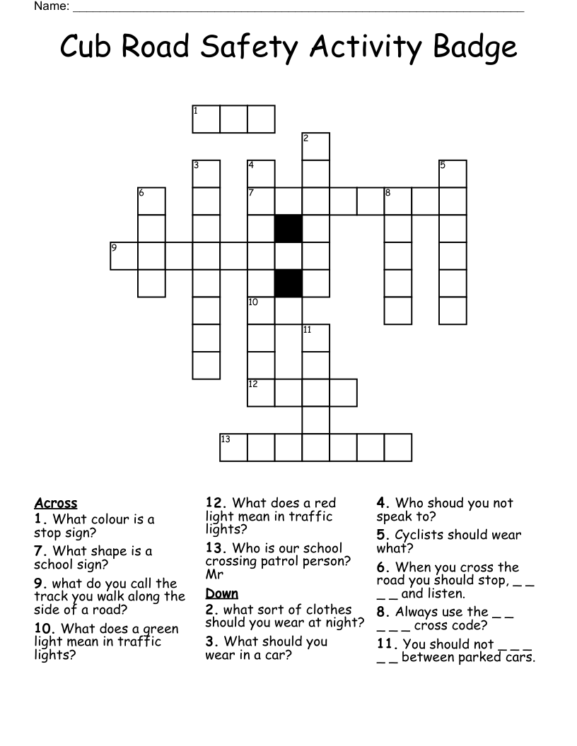 Cub Road Safety Activity Badge Crossword WordMint Cub Road Safety Activity Badge Crossword WordMint