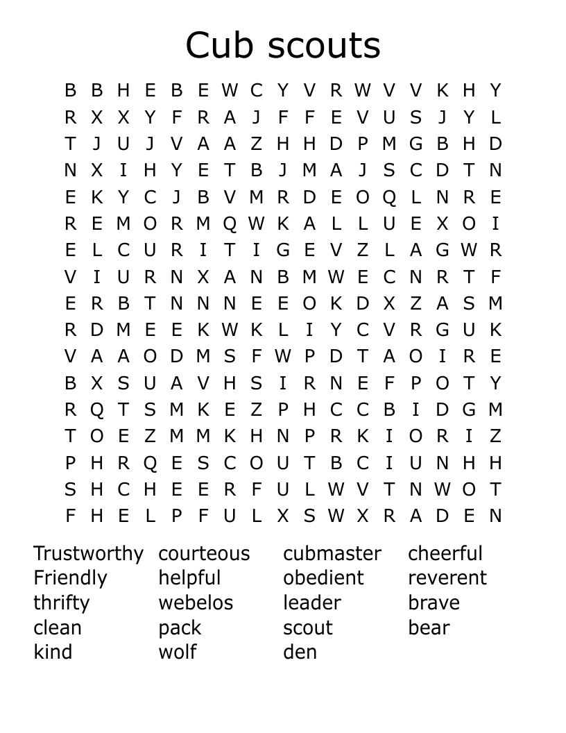 Cub Scout Crossword Puzzle WordMint