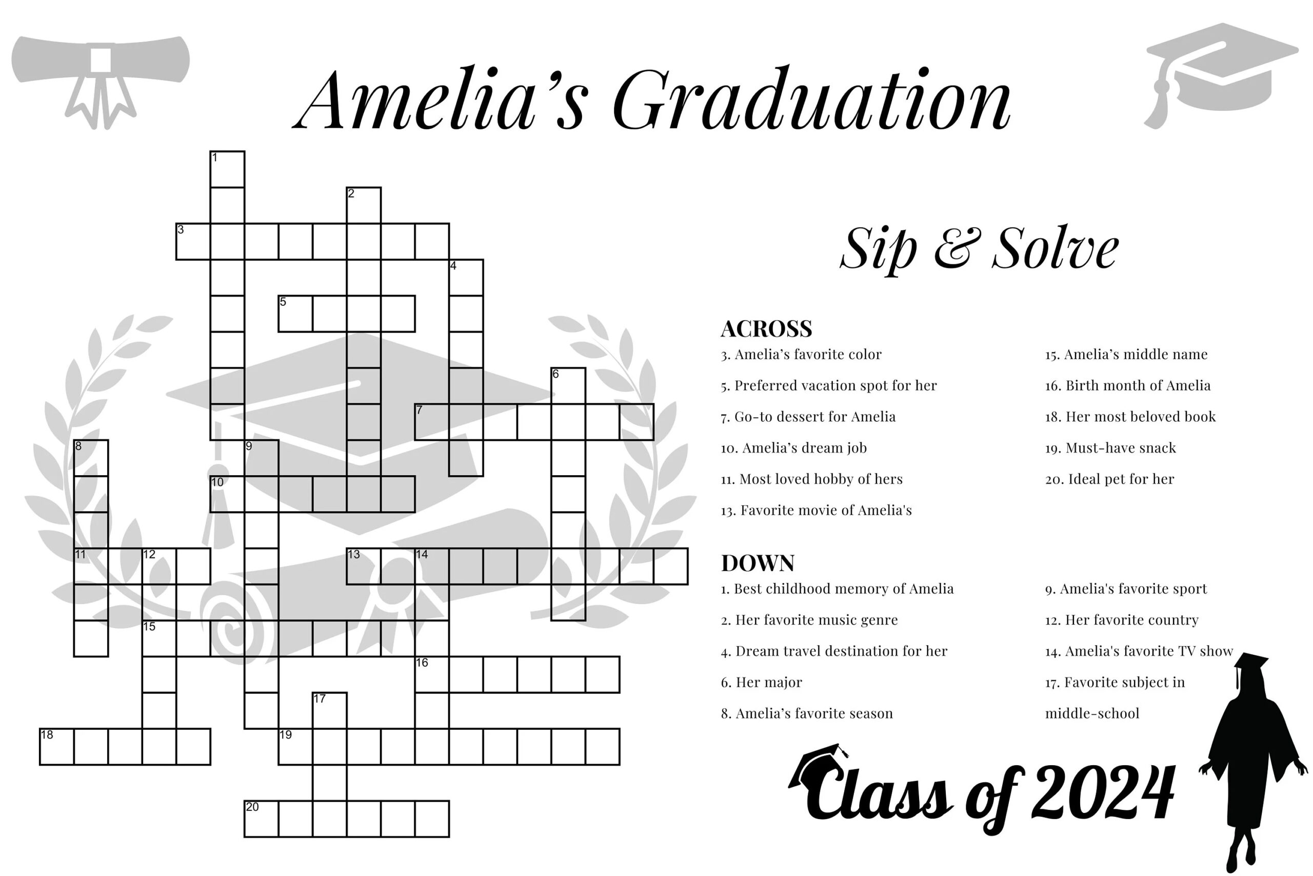 Custom Crossword Puzzle Giant Crossword Puzzle Sip Solve Puzzle Graduation Crossword Class Of 2025 Minimalist Digital Delivery Etsy