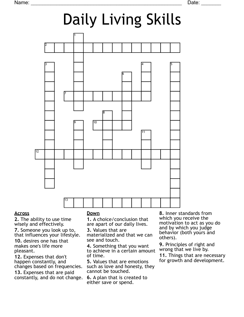 Daily Living Skills Crossword WordMint
