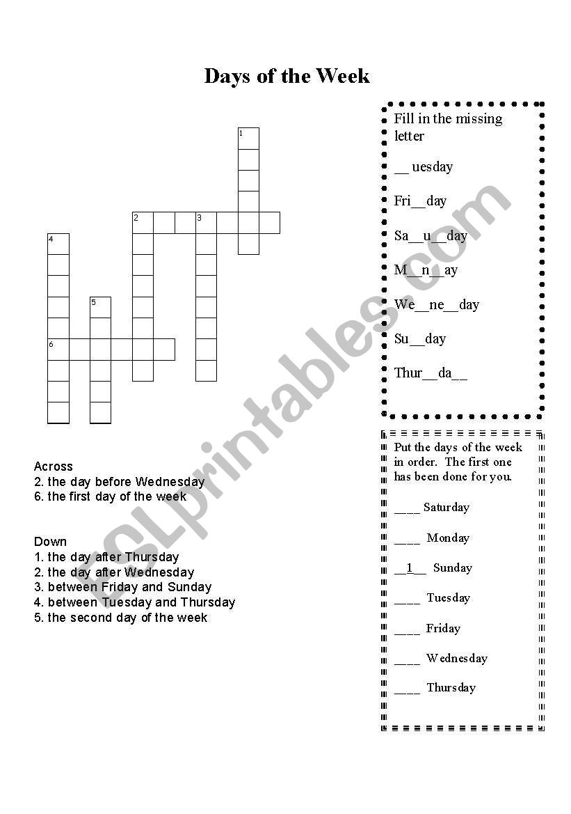 Days Of The Week Crosswords Printable Days Of The Week Crosswords Printable