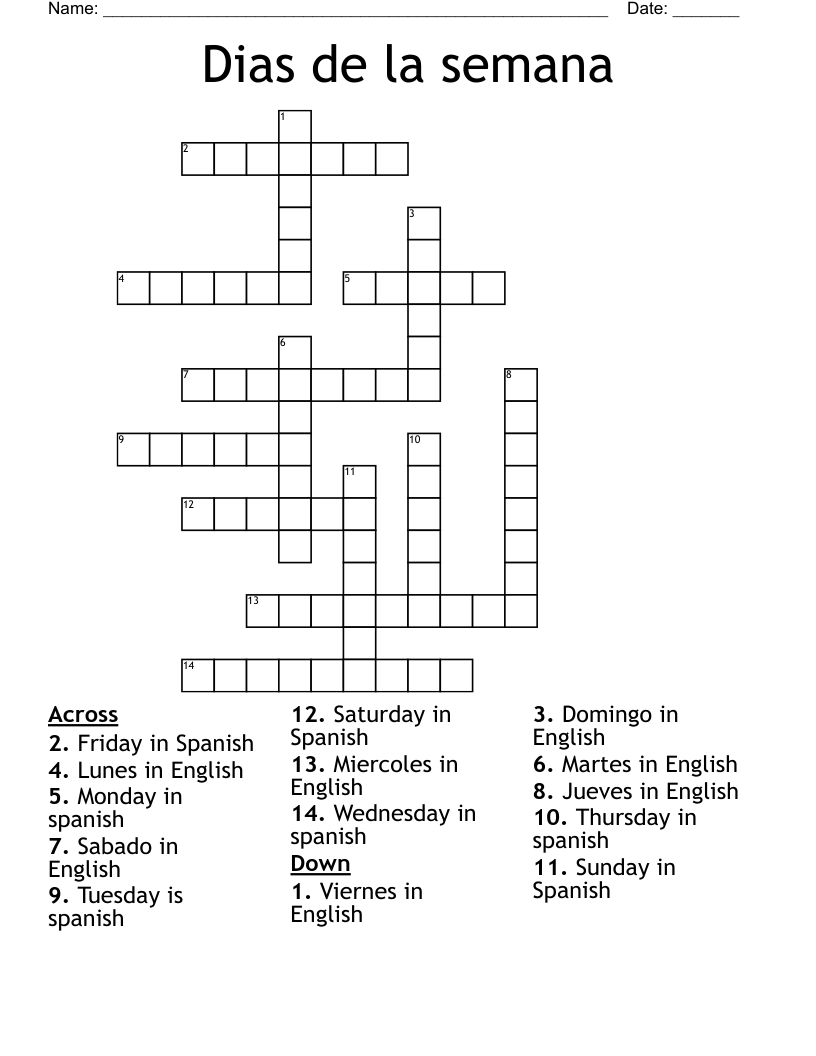Dias De La Semana Crossword WordMint Dias De La Semana Crossword WordMint