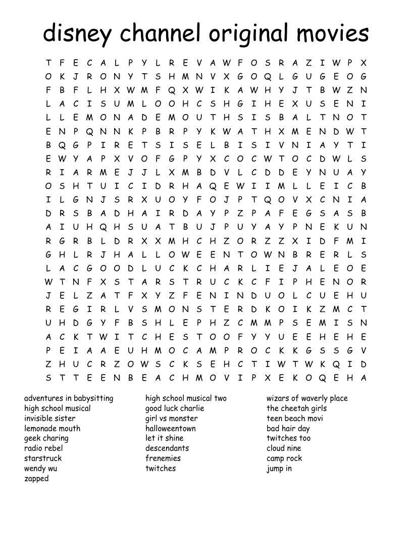 Disney Channel Original Movies Word Search WordMint Disney Channel Original Movies Word Search WordMint