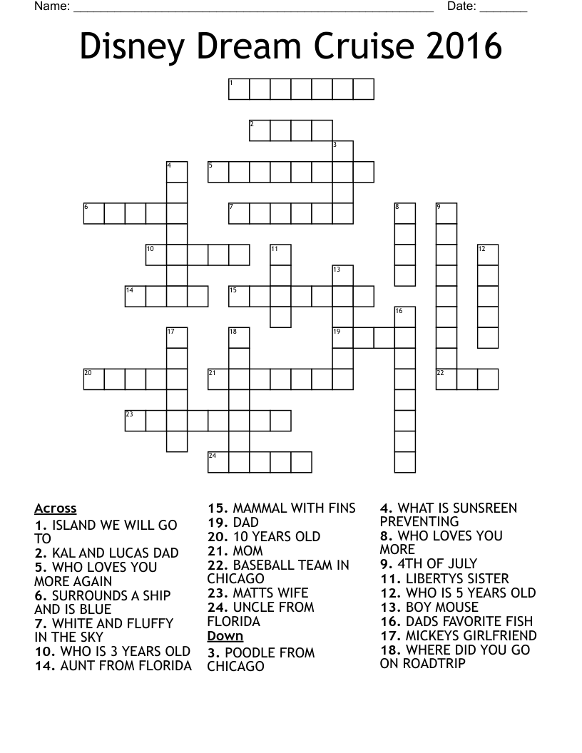 Disney Dream Cruise 2016 Crossword WordMint Worksheets Library Disney Dream Cruise 2016 Crossword WordMint Worksheets Library