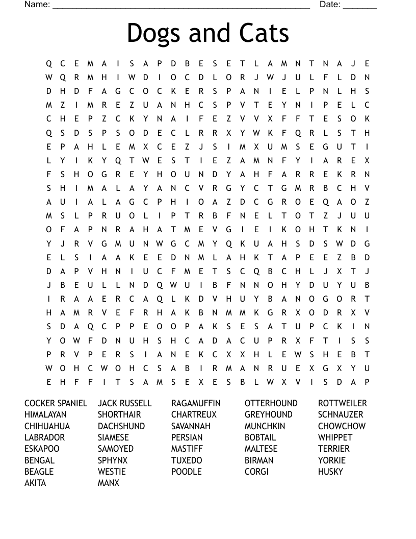 Dog And Cats By Mike F Word Search WordMint