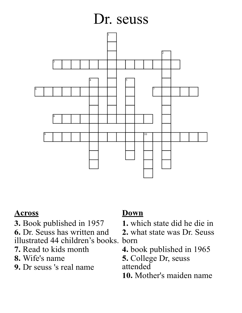 Dr Seuss Crossword WordMint Dr Seuss Crossword WordMint