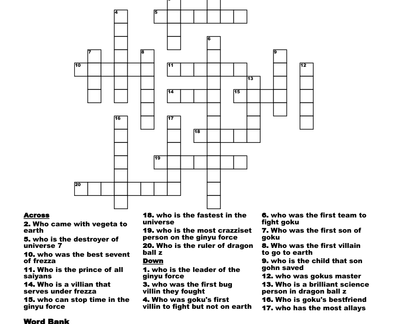 Dragon Ball Z Crossword WordMint