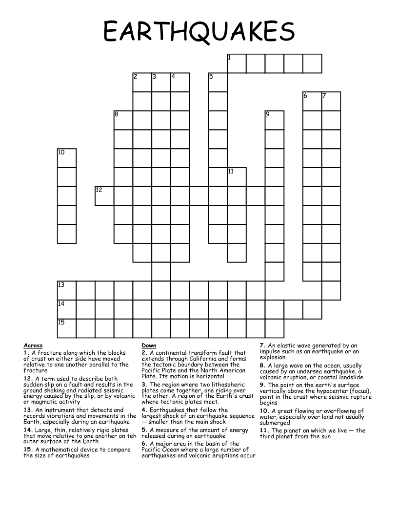 Earthquake Crossword Puzzle Printable Earthquake Crossword Puzzle Printable