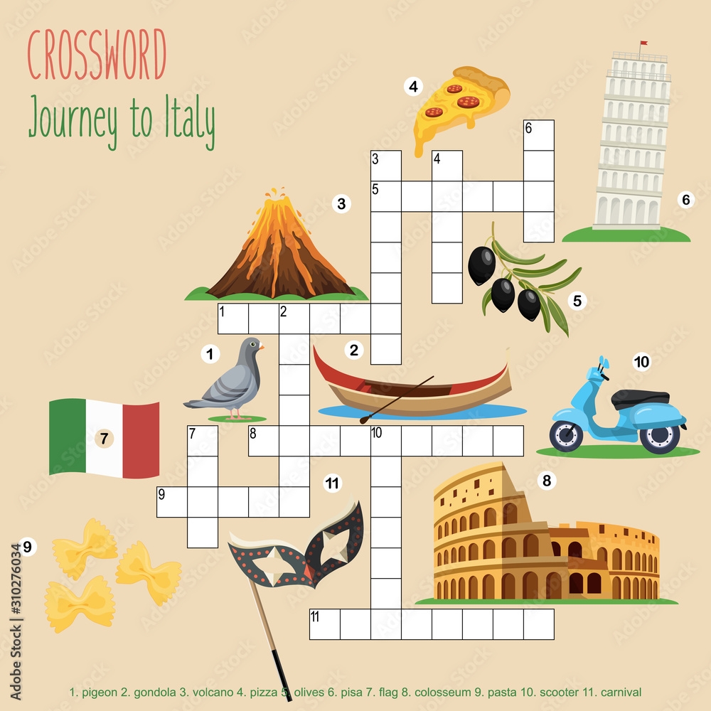 Easy Crossword Puzzle Journey To Italy For Children In Elementary And Middle School Fun Way To Practice Language Comprehension And Expand Vocabulary Includes Answers Vector Illustration Stock Vector Adobe Stock