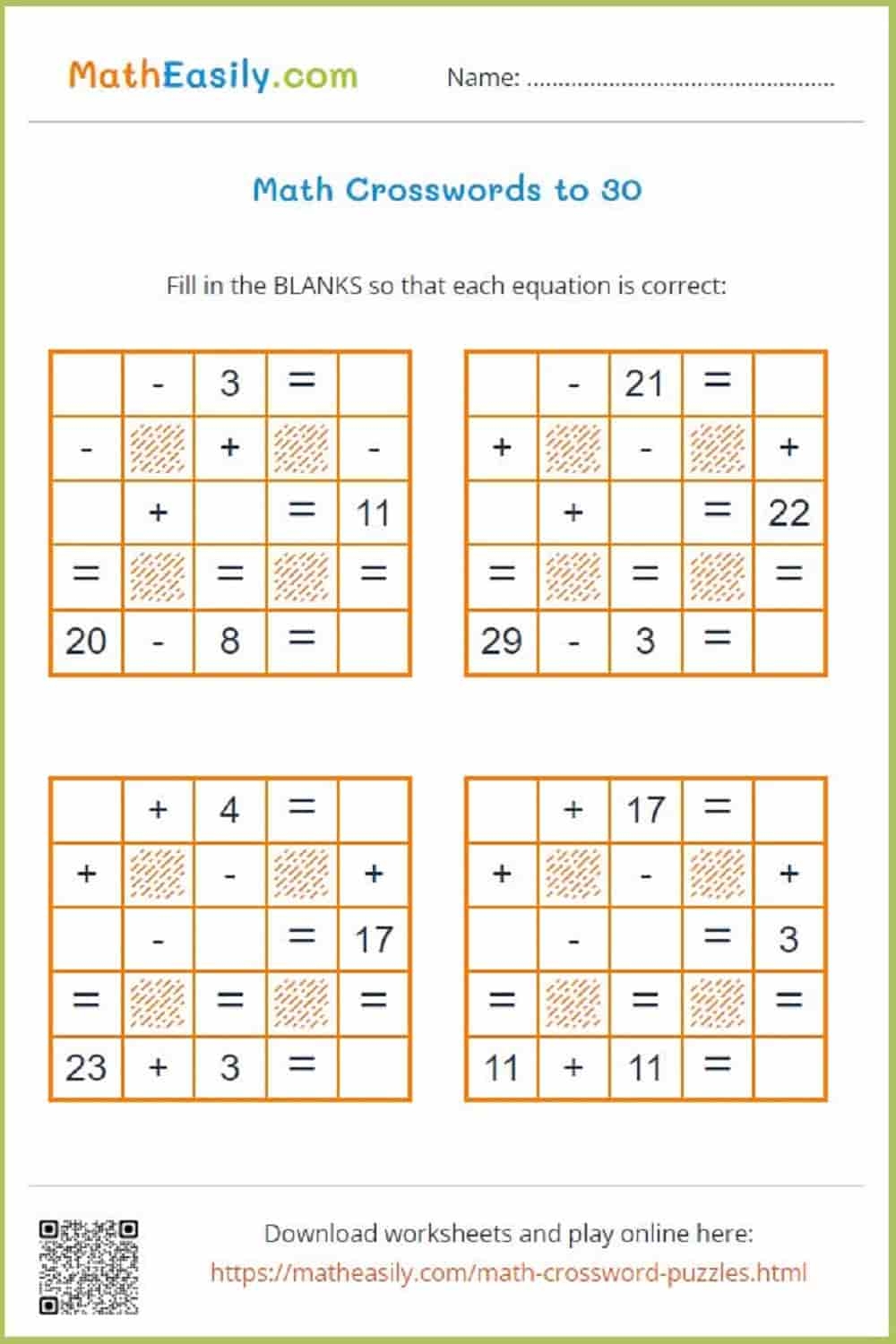 Easy Math Crossword Puzzles Addition And Subtraction