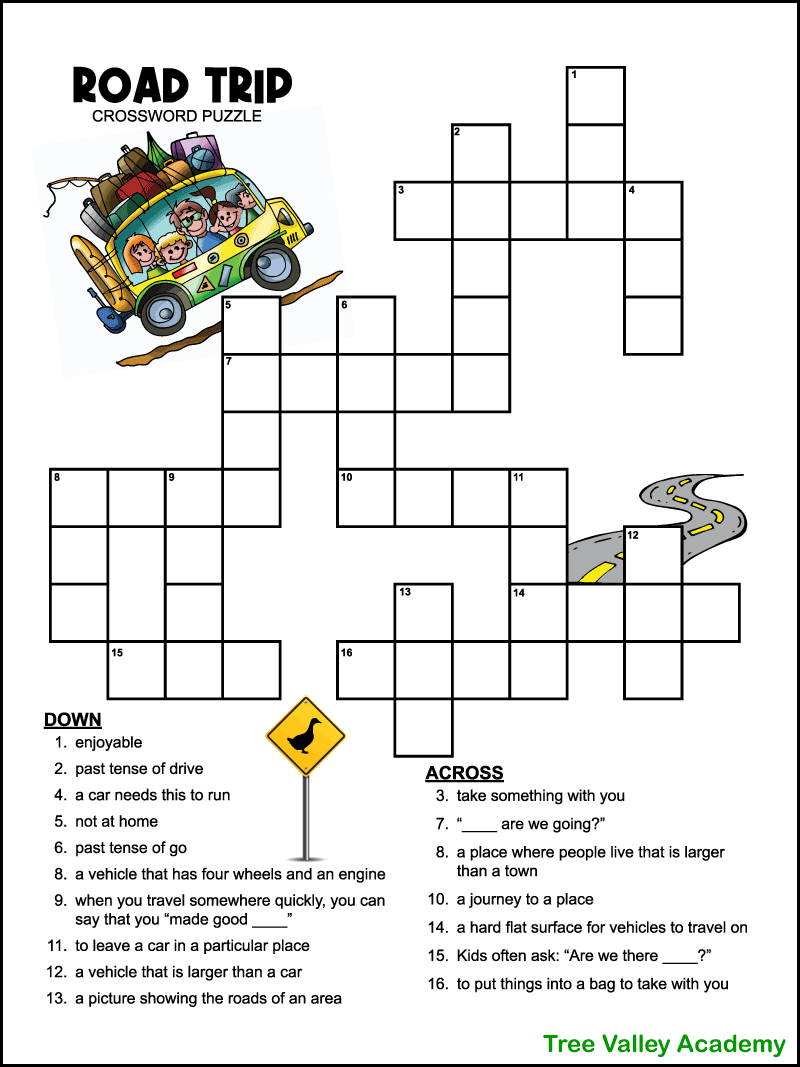 Easy Road Trip Crossword Puzzle For Kids Worksheets Library