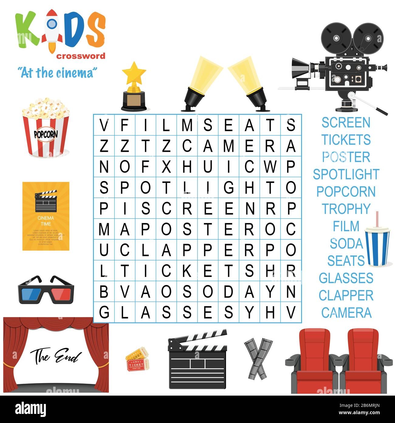 Easy Word Search Crossword Puzzle At The Cinema For Children In Elementary Primary And Middle School Fun Way To Practice Language Comprehension A Stock Vector Image Art Alamy Easy Word Search Crossword Puzzle At The Cinema For Children In Elementary Primary And Middle School Fun Way To Practice Language Comprehension A Stock Vector Image Art Alamy