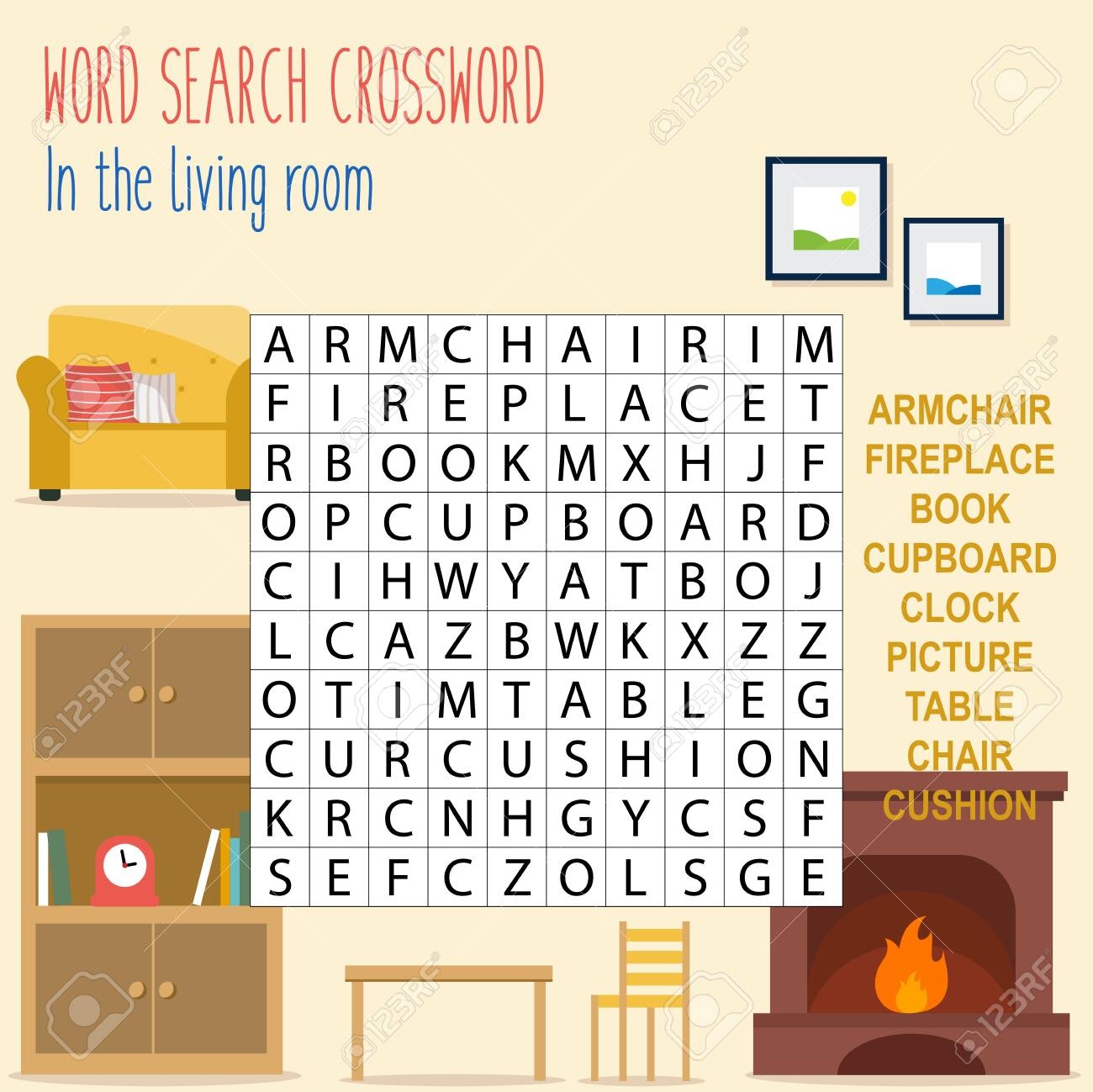 Easy Word Search Crossword Puzzle At The Living Room For Children In Elementary And Middle School Fun Way To Practice Language Comprehension And Expand Vocabulary Includes Answers Vector Illustration Royalty Free SVG 
