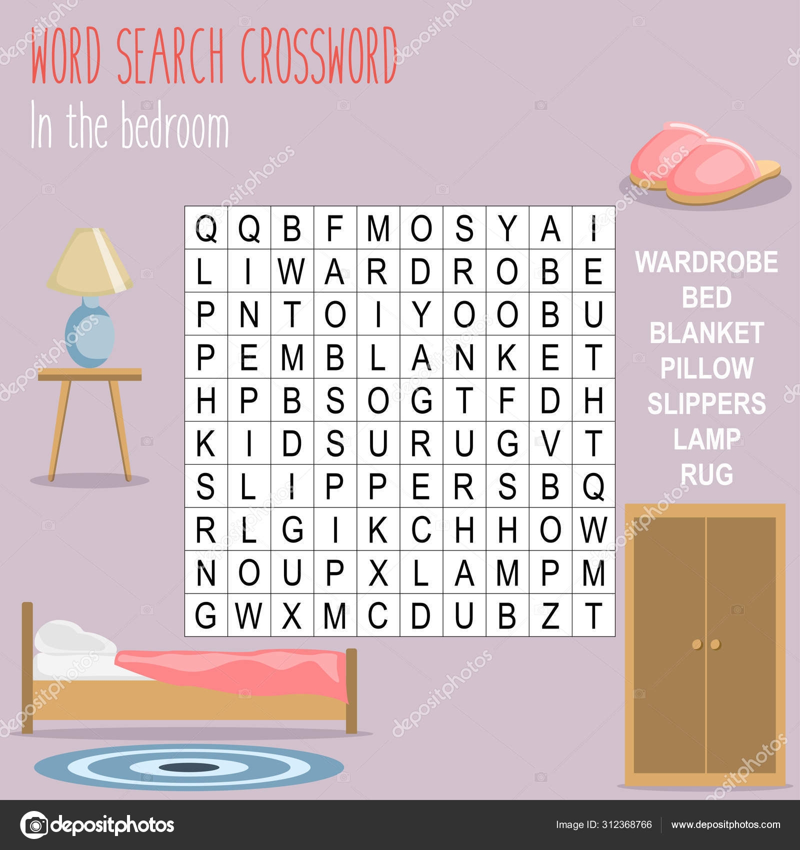 Easy Word Search Crossword Puzzle In Bedroom Children Elementary Middle Stock Vector By yekaterinalim 312368766