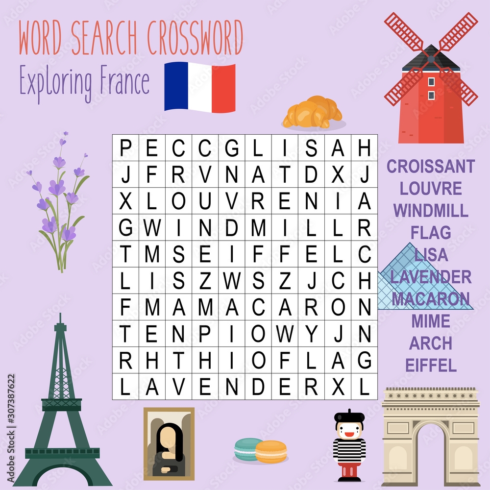 Easy Word Search Crossword Puzzle Journey To France For Children In Elementary And Middle School Fun Way To Practice Language Comprehension And Expand Vocabulary Includes Answers Stock Vector Adobe Stock