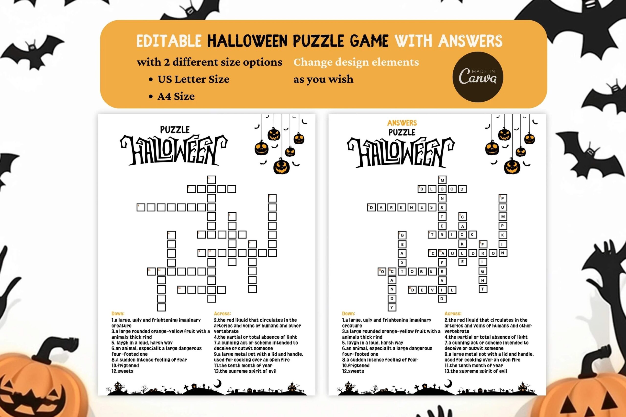 Editable Printable Halloween Crossword Puzzle Game With Answers Halloween Party Game For Kids Teens And Adults Halloween School Games Etsy