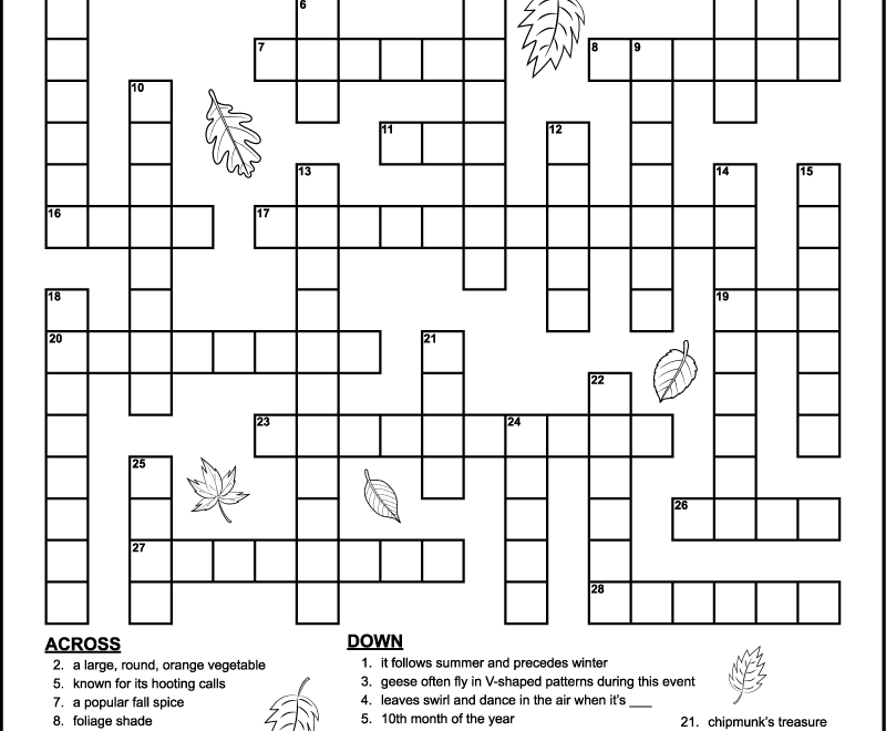 Fall Crossword Puzzle For Middle School Tree Valley Academy