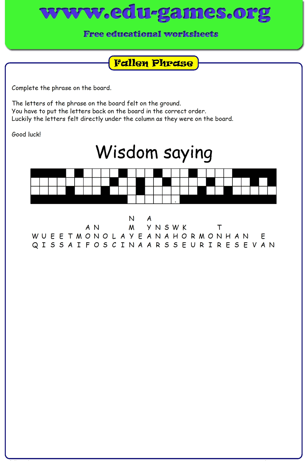 Fallen Phrase Puzzle Maker Free Printable Worksheets