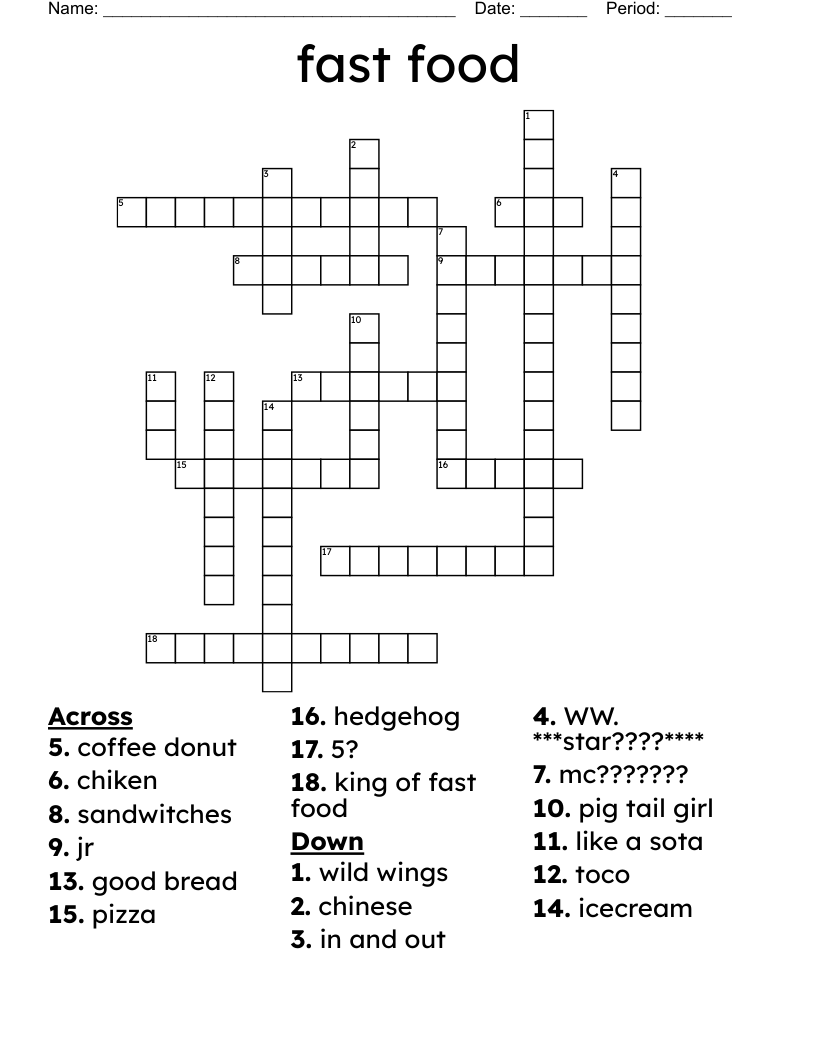 Fast Food Crossword WordMint Fast Food Crossword WordMint