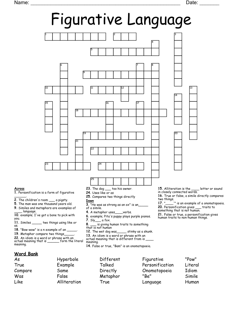 Figurative Language Crossword WordMint
