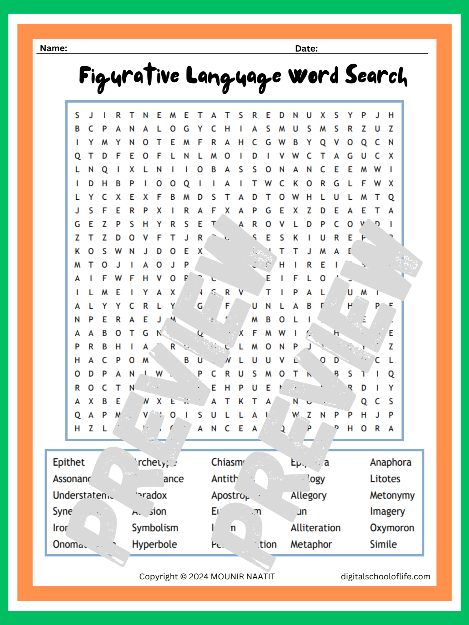 Figurative Language Crossword Puzzle Printable