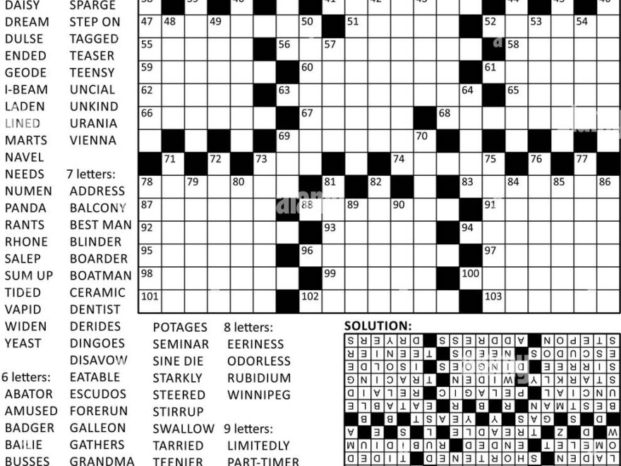 Fill In The Blanks Crossword Puzzle With American Style Grid Of 21x21 Size 68 Blocks 110 Words One Letter Revealed Answer Included Stock Vector Image Art Alamy