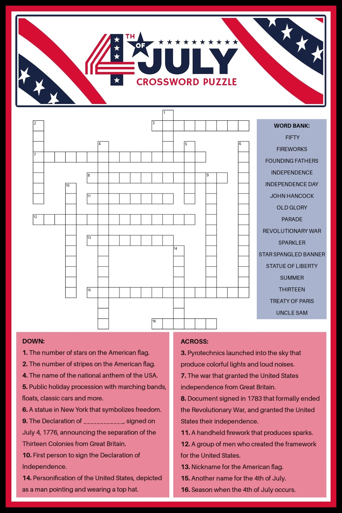 Free 4th Of July Crossword Puzzle Answer Key Included Free 4th Of July Crossword Puzzle Answer Key Included