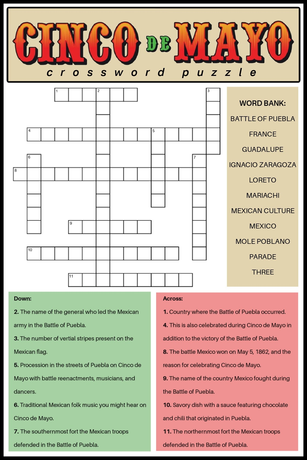Free Cinco De Mayo Crossword Puzzles 2 Versions With Answers