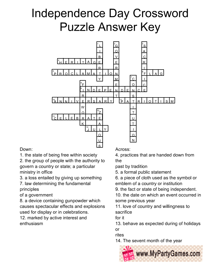 4th July Crossword Puzzle Printables