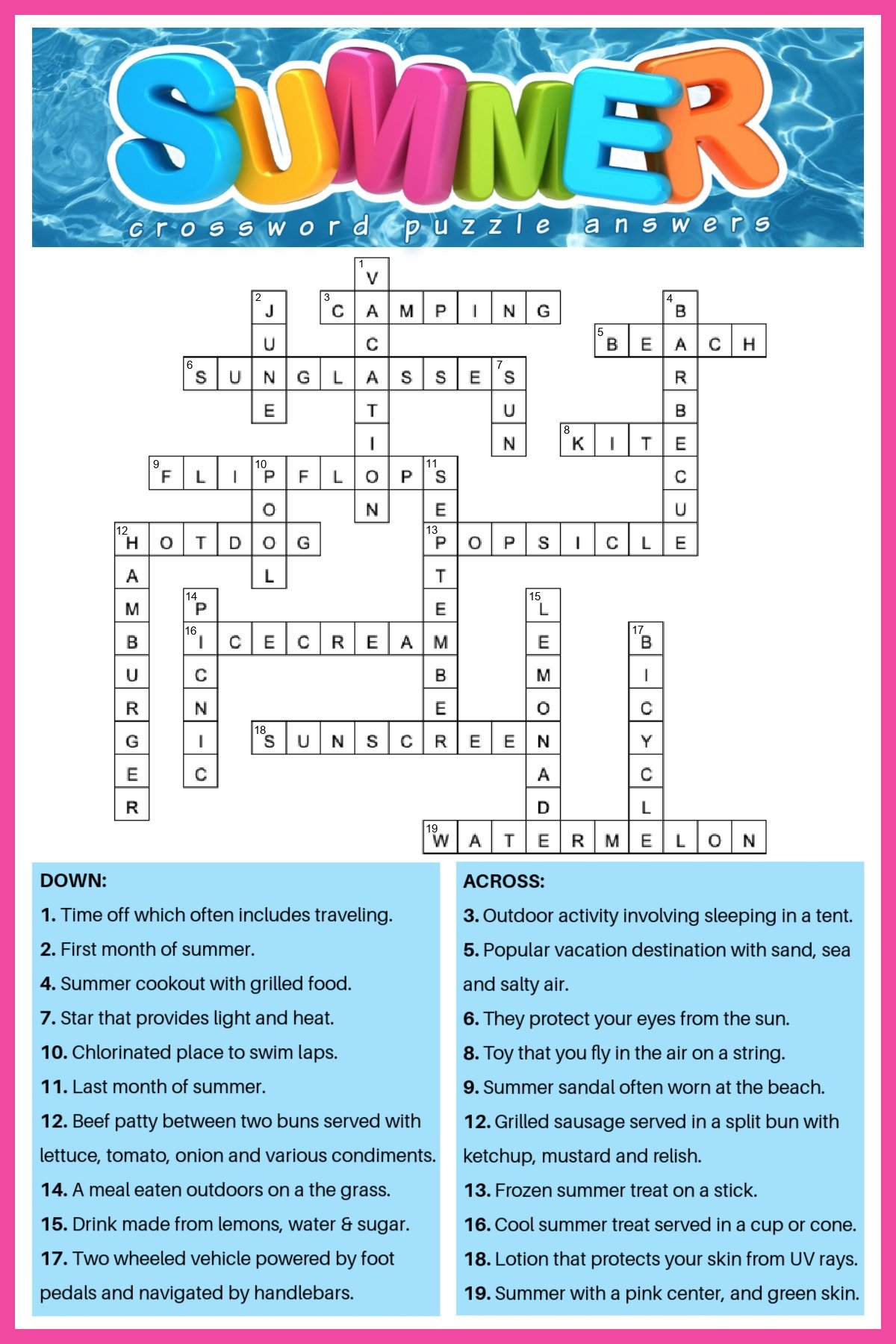 Free Summer Crossword Puzzle 2 Versions Answers Included Free Summer Crossword Puzzle 2 Versions Answers Included