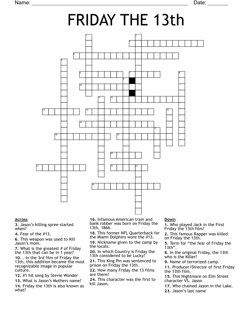 FRIDAY THE 13th Crossword WordMint FRIDAY THE 13th Crossword WordMint
