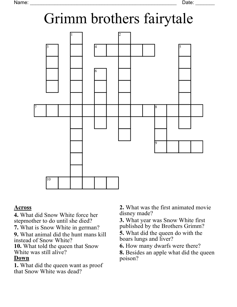 Grimm Brothers Fairytale Crossword WordMint Grimm Brothers Fairytale Crossword WordMint