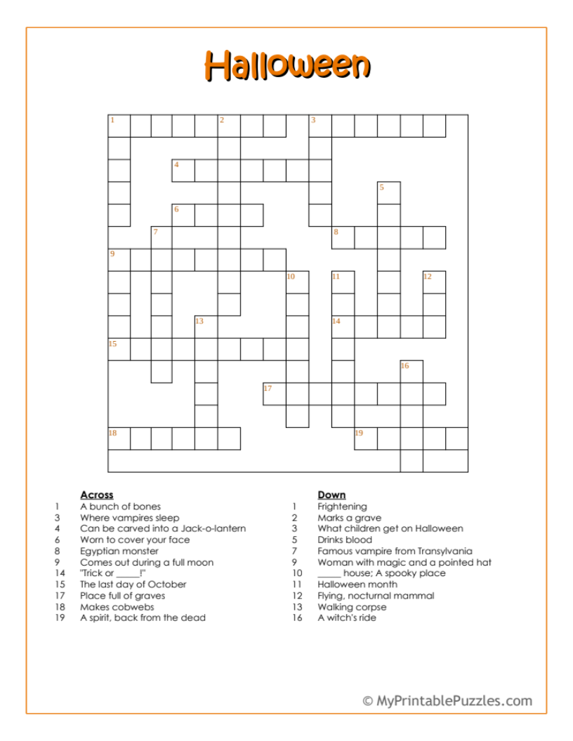 Halloween Crossword Printable With Or Without Word Bank Worksheets Library