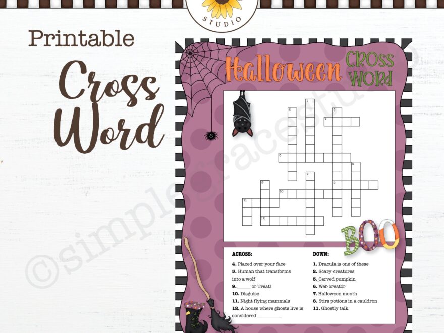 Halloween Crossword Puzzle Crossword Halloween Puzzle Printable Simple Grace Studio Etsy