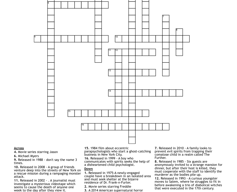 Halloween Movies Crossword WordMint