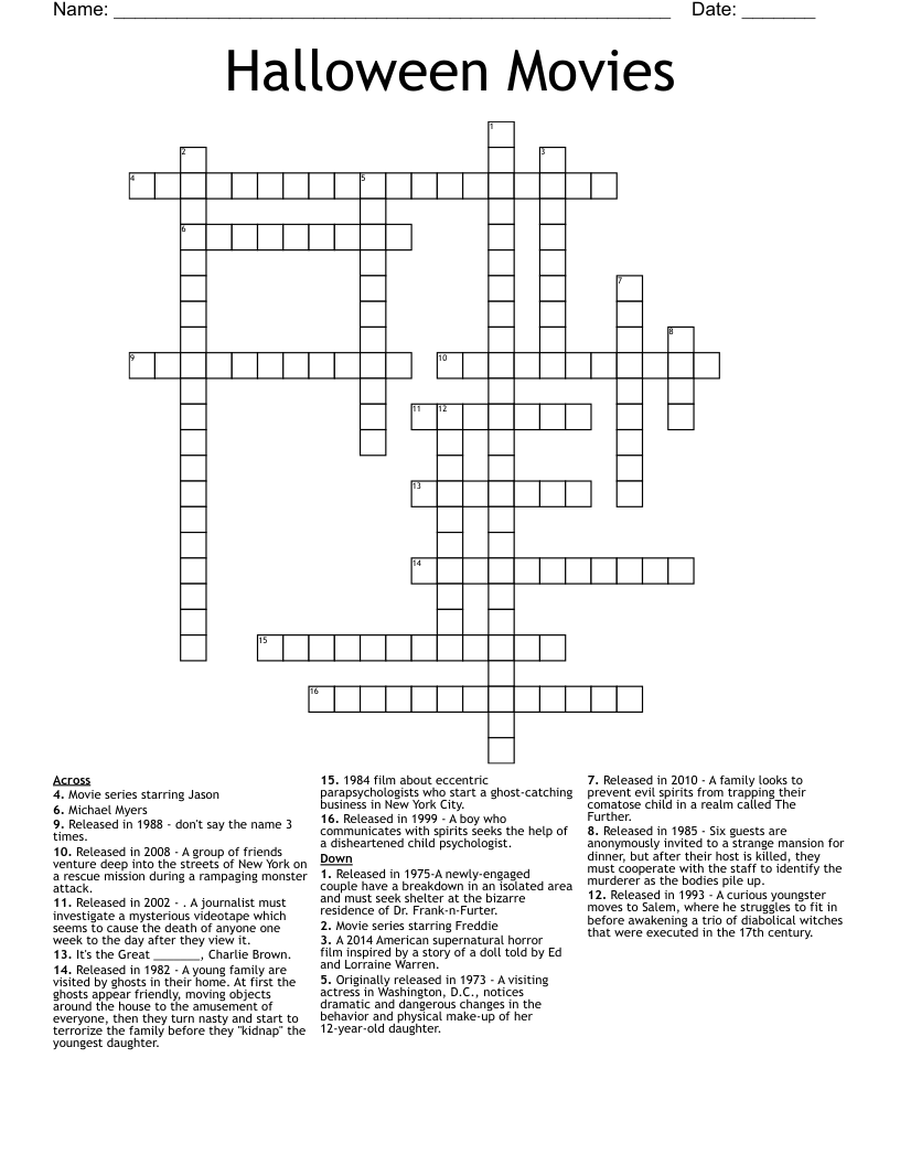Halloween Movies Crossword WordMint