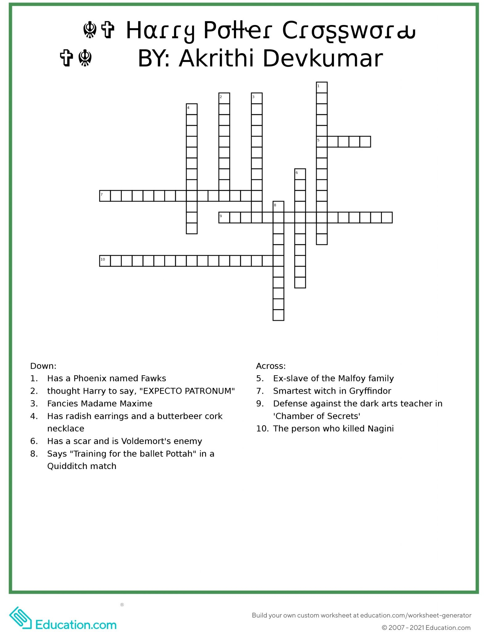 HARRY POTTER CROSSWORD Kaur Online English HARRY POTTER CROSSWORD Kaur Online English