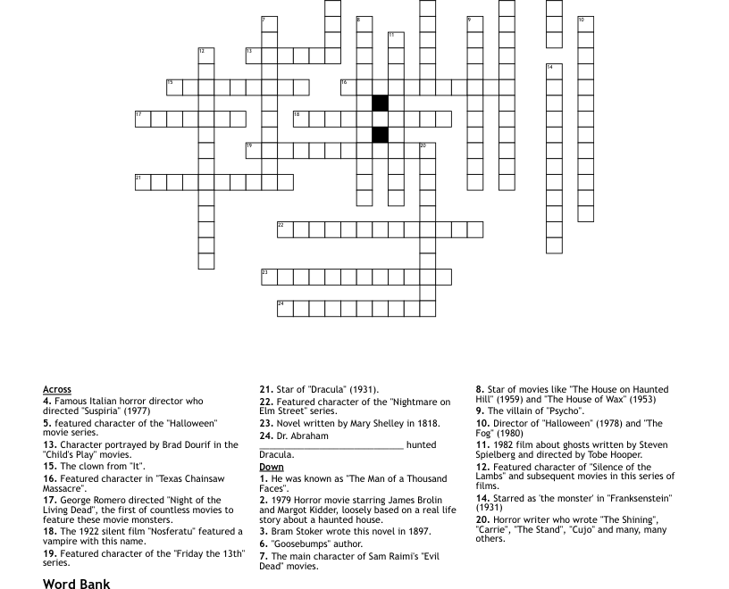 Horror Movie Crossword WordMint