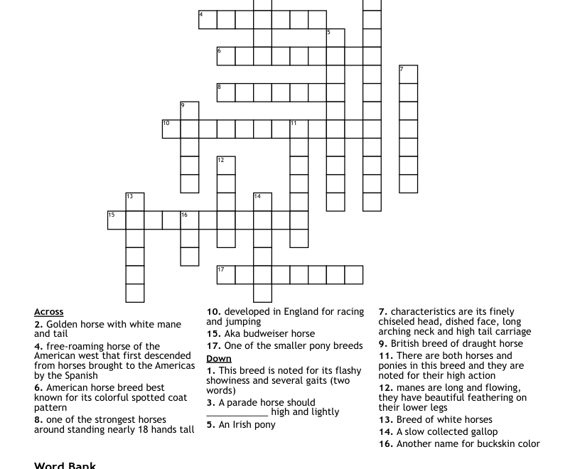 Horse Crossword Puzzle WordMint