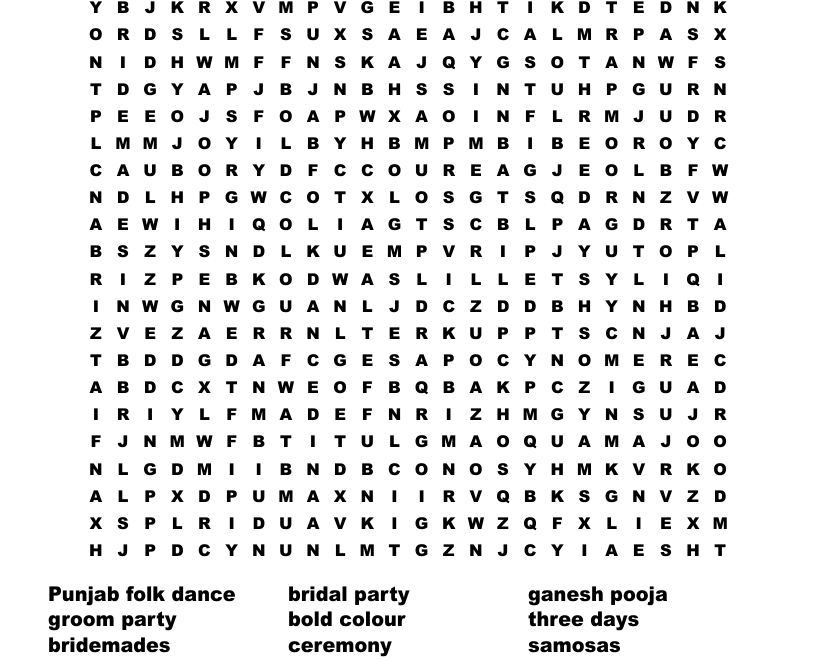 Indian Wedding Word Search WordMint