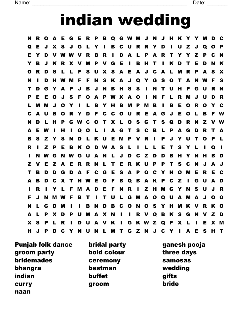 Indian Wedding Word Search WordMint