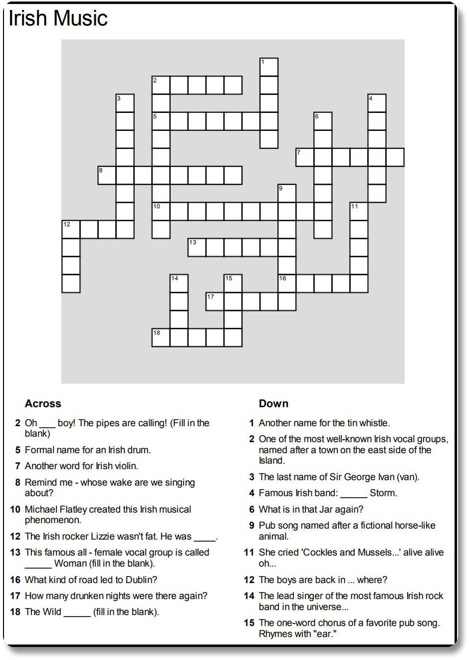 Irish Music Crossword Puzzle Challenge Your Knowledge Of Irish Music 