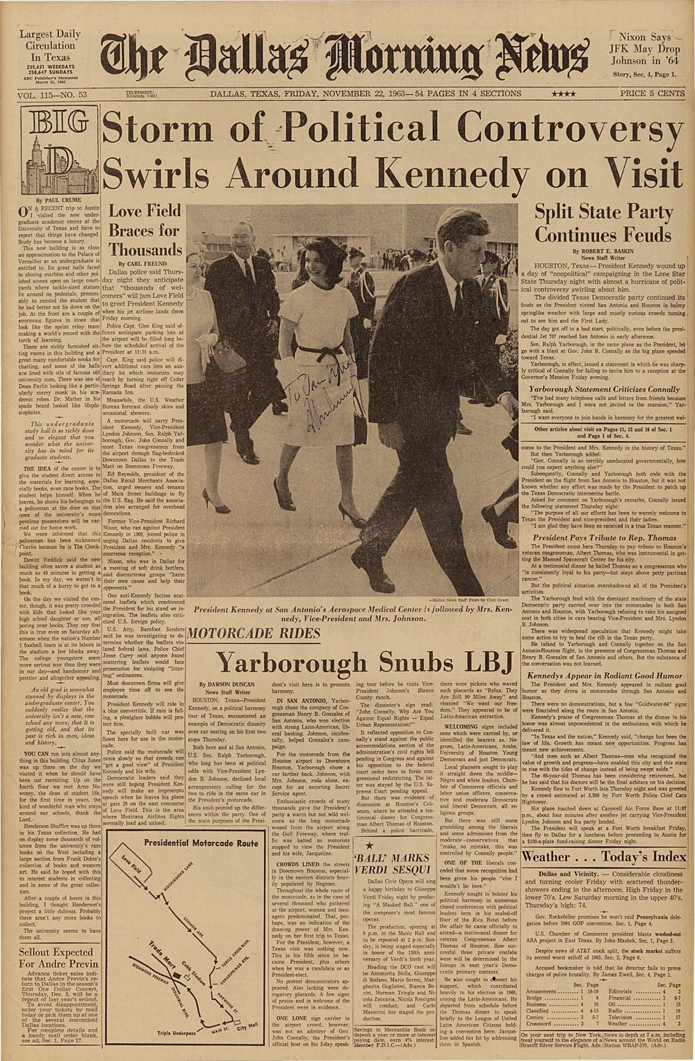 John F Kennedy Signed Dallas Newpaper Morning Of Assassination November 22 1963