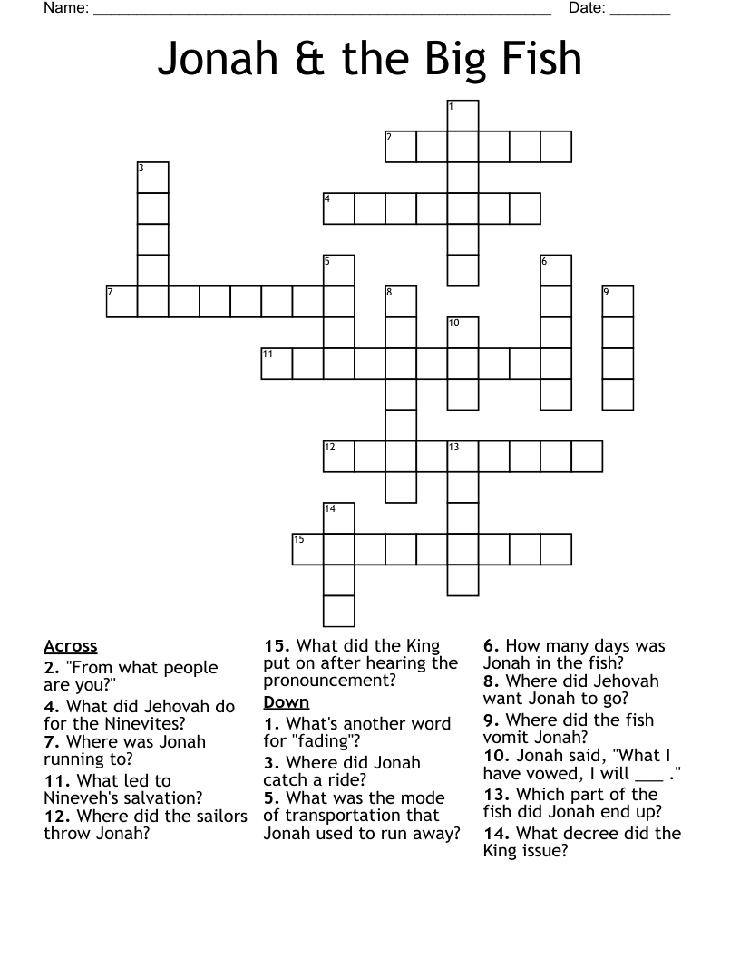 Jonah The Big Fish Crossword WordMint