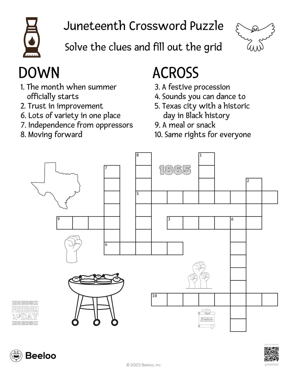 Juneteenth Crossword Puzzle Beeloo Printable Crafts And Activities For Kids