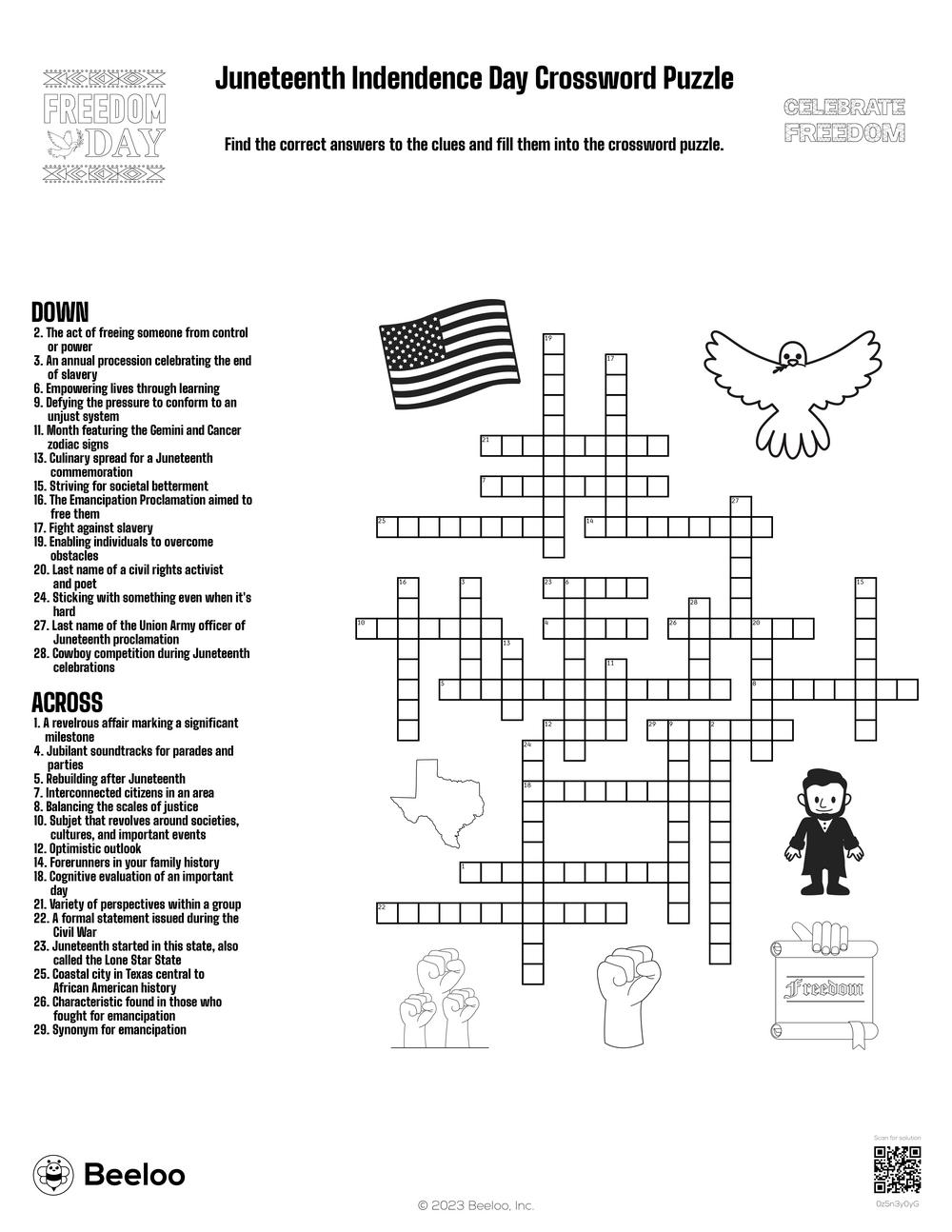 Juneteenth themed Crossword Puzzles Beeloo Printable Crafts And Activities For Kids