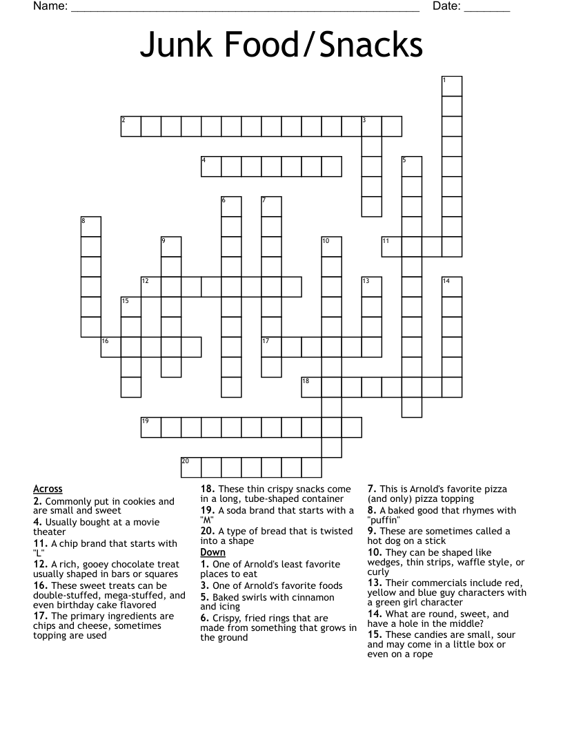 Junk Food Snacks Crossword WordMint Junk Food Snacks Crossword WordMint